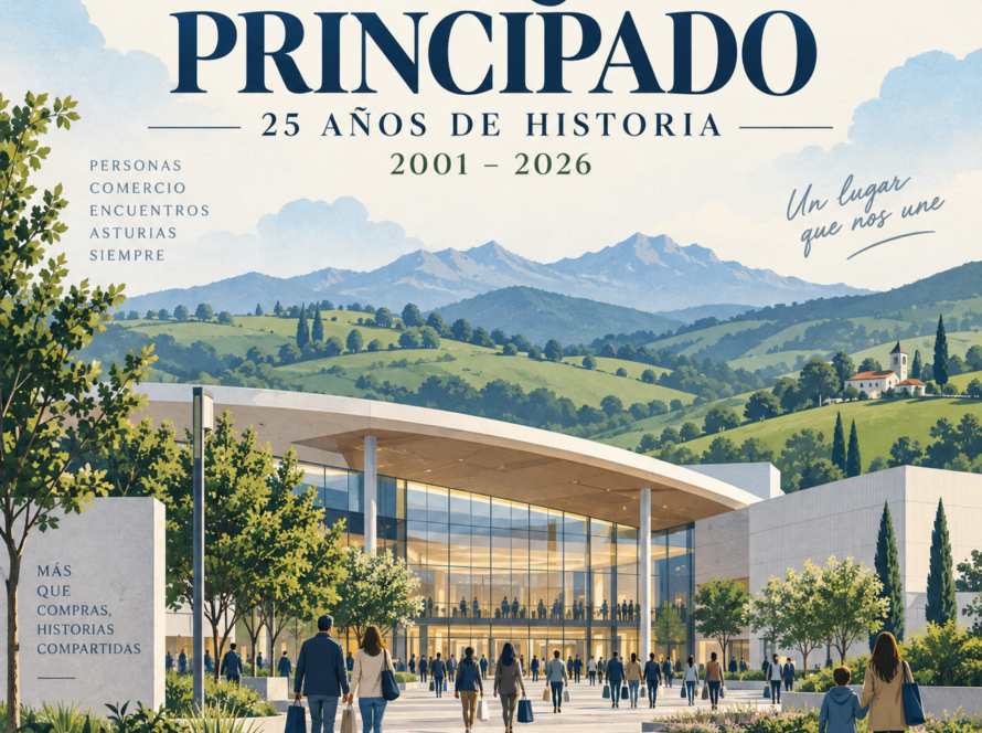 Ilustración del 25.º aniversario de Parque Principado, con un centro comercial y paisaje asturiano